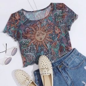 Shein Sun Print Lettuce Trim Mesh Top